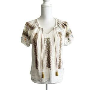 DOEN Womens Peasant Top Size XS Relaxed Fit Boho Embroidered Boho